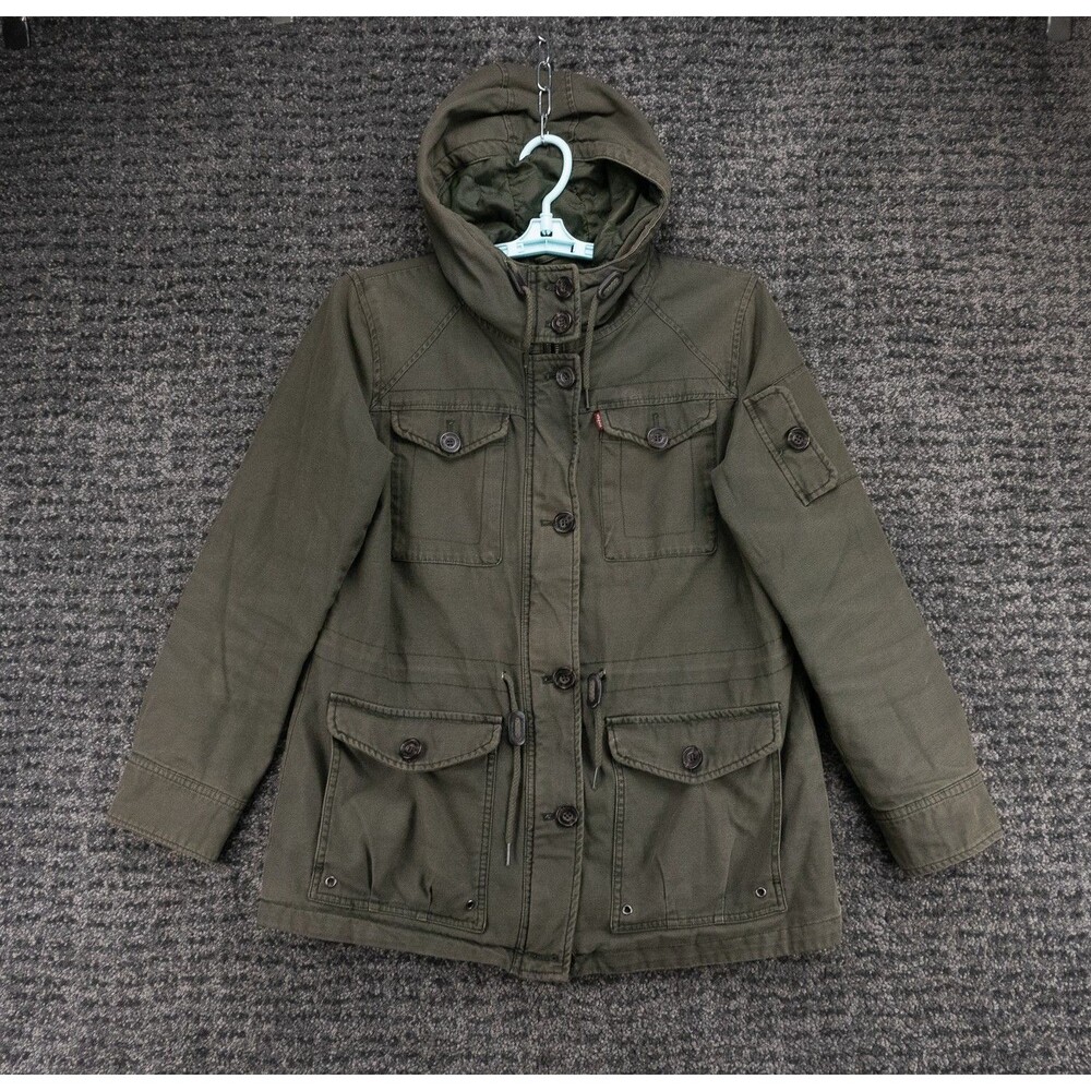 Levis Jacket Womens Large Green Full Zip Hooded Quilt Lined Army Field Utility